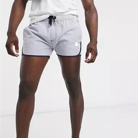 NATIVE YOUTH SANTIAGO NAVY BLUE STRIPED SEERSUCKER DRAWSTRING SWIM SHORTS Sz32 - Picture 13 of 13